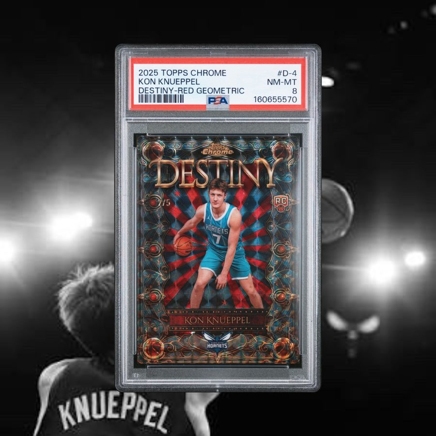 Kon Knueppel 2025 Topps Chrome Destiny red geometric rookie card, graded PSA 8