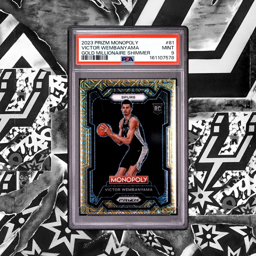 Victor Wembanyama 2023 Panini Prizm Monopoly gold millionaire shimmer rookie card, graded PSA 9